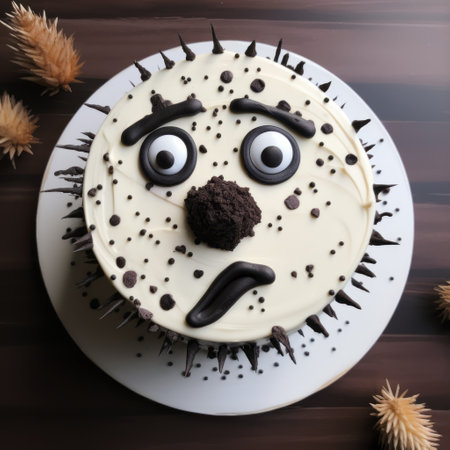 fondant cake featuring little eyes, ears, and other facial expressions in a mysterious surrealism style. the cake is adorned with dark white and dark beige colors, showcasing spiky mounds and lively facial expressions. inspired by the works of boris grigoriev, this cake combines environmental awareness with dry wit humor. ai generatedの素材