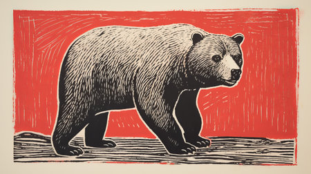 a large brown bear is depicted on a log in this black-and-white block print style photograph. the image showcases a light red hue and a frontal perspective, with bold colors and strong lines reminiscent of woodcut art. the use of ivory tones adds to the american iconography portrayed in the photo. ai generatedの素材