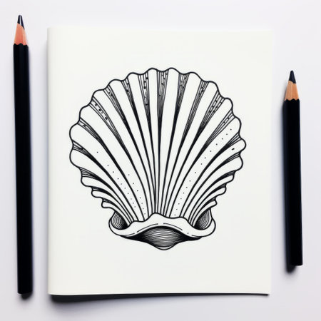 a black and white drawing of a sea shell, featuring a simple and colorful illustration style. the image showcases a symmetrical composition, reminiscent of album, folio, and fan formats. the minimalistic symmetry adds a touch of elegance to the artwork, resembling carved books and fairy tale illustrations. this unique piece captures the essence of kimoicore aesthetics. ai generatedの素材