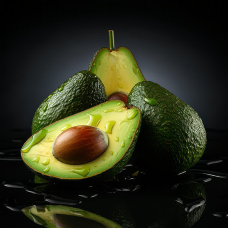 avocados floating on a black surface, captured in a photorealistic portraiture style. the softbox lighting enhances the photo-realistic techniques used, creating a multi-layered composition with texture-rich layers. shot with a leica r8, the image showcases contrasting values, resulting in a visually captivating and dynamic photograph. ai generatedの素材