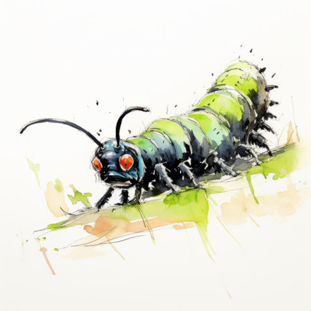 an insect, depicted in a colorful caricature style, is seen slowly walking through brush strokes in this unique drawing. the artwork combines elements of slimepunk, florian nicolle's style, traditional oil painting techniques, and the vibrant colors reminiscent of moebius. the illustration also incorporates influences from caninecore and the works of charles spencelayh. ai generatedの素材