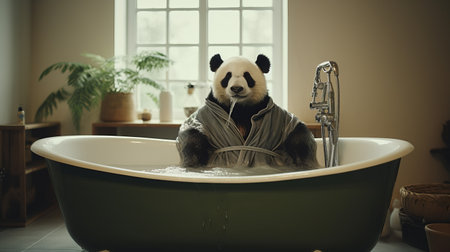 panda in a big tub wearing a long sleeve shirt, captured in a surrealistic style of photography. this animated gif showcases a unique blend of mommy's on-the-phonecore and soggy aesthetics, reminiscent of minimalist canvases. shot with a canon eos 5d mark iv, this image exudes an aurorapunk vibe. ai generatedの素材