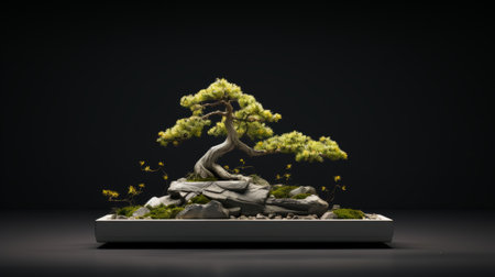 a bonsai tree with moss on top, captured in a hyperrealistic illustration style using the tokina at-x 11-16mm f/2.8 pro dx ii lens. the image showcases the intricate details of the tree, set against a backdrop of light gray and amber tones. the organic stone carvings and ephemeral installations add a unique touch to this award-winning, high-definition photograph. ai generatedの素材