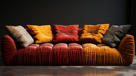 the sofa sectional features cushions with a unique design resembling striated resin veins. it captures the essence of suburban ennui with its dark red and dark green color scheme. the high-speed sync lighting enhances the rough edges, creating a captivating visual. this 8k ultra hd picture showcases the ultra-high resolution and incredible detail, resulting in an ultra-realistic viewing experience. ai generatedの素材