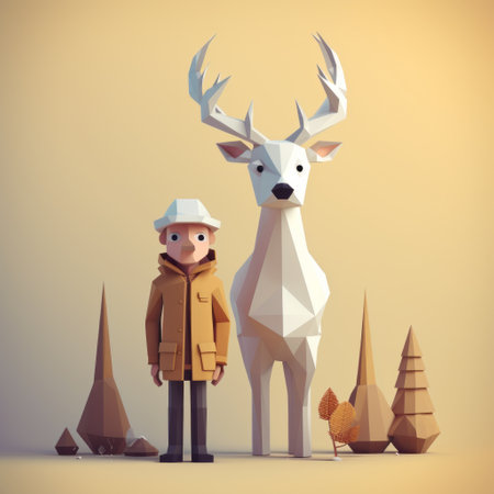 an illustration featuring a guy and a deer standing next to trees. the artwork is created in a low poly, minimalist sculpture style with light brown and white colors. the character design is detailed, and the surfaces are layered, giving a 3d effect. the illustration showcases western-style portraits. ai generatedの素材