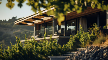 sleek hillside house design by olson kundig captured in a postmodern architecture photograph. the close-up shot features a blurred vine in the foreground, adding depth to the composition. shot in 8k resolution from a cinematic perspective, the image showcases professional color grading, epic volumetric lighting, and sharp focus. captured using a sony alpha a7 iii camera with a sony fe 24-105mm f/4 g oss lens,の素材