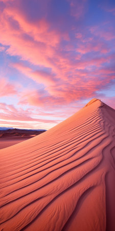 sunrise over a sand dune in namibia captured on 500px. this surreal and metaphorical scene showcases the stunning light orange and magenta hues, creating a sculpted effect. the 8k resolution allows for incredible detail, while the atmospheric clouds add to the overall beauty. this associated press photo reminds us of the unique terrain found in northern china. ai generatedの素材