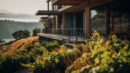 sleek hillside house design by olson kundig captured in a postmodern architecture photograph. the close-up shot features a blurred vine in the foreground, adding depth to the composition. shot in 8k from a cinematic perspective, the image showcases professional color grading, epic volumetric lighting, and sharp focus. captured with a sony alpha a7 iii camera and a sony fe 24-105mm f/4 g oss lens, theの素材