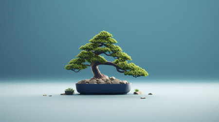 a blue bonsai tree is depicted in this 3d illustration, showcasing both color and black and white versions. the artwork is inspired by classic still life compositions from the heian period, featuring minimalist ceramics in light brown and green hues. rendered in cinema4d, the image exudes a bold and angular aesthetic, emphasizing sharpness. ai generatedの素材