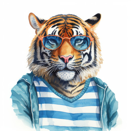 a tiger wearing sunglasses and a striped shirt is depicted in this realistic watercolor-style fashion illustration. the vibrant colors of turquoise, indigo, light navy, and orange add a pop of energy to the hip-hop inspired design. the portrait showcases photographically detailed features, capturing the charm of this character. ai generatedの素材