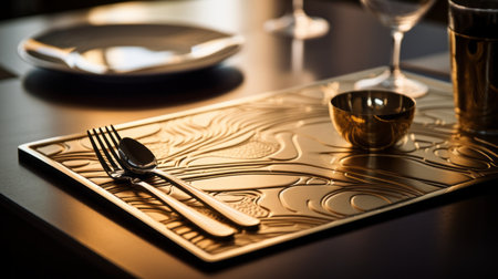 a placemat featuring a silverware set on it, adorned with embossed gold leaf in a surrealist-inspired style. the design draws inspiration from berlin secession and showcases polished surfaces with avian-themed elements. soft, atmospheric lighting enhances the art nouveau flowing lines of this captivating piece. ai generatedの素材