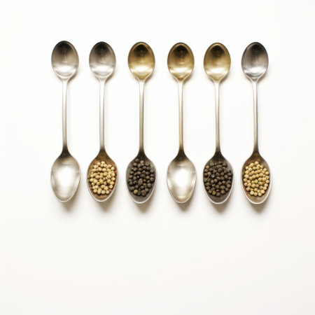 rows of spoons filled with various herbs and spices are arranged in a conceptual minimalist sculpture. the spoons, painted in dark gold and silver, feature dot-painted colors that create an optical blending effect. this oriental minimalism-inspired composition stands out against a white background, creating surreal juxtapositions with its dotted pattern. ai generatedの素材