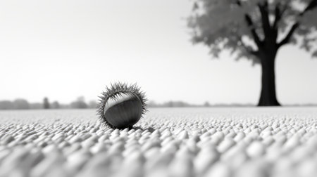 a wheat field stretches out before us, with a solitary almond tree standing tall in the background. this captivating image, captured with a macro lens, showcases a unique blend of ambient occlusion and futuristic imagery. the sharp and prickly details of the wheat contrast beautifully with the black and white tones, highlighting the prominence of the single almond tree. ai generatedの素材