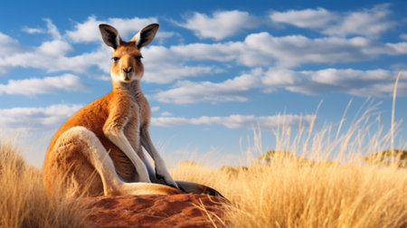 an australian kangaroo perches on a sun-drenched sandhill in the vast australian outback. this stunning photograph, captured in the style of miki asai and robert bechtle, showcases the kangaroo's naturalistic pose against the backdrop of the arid landscape. the image, colorized to enhance its visual impact, evokes a dreamlike sense of nature's beauty. a true masterpiece in 32k uhd, worthy of national geographic. ai generatedの素材
