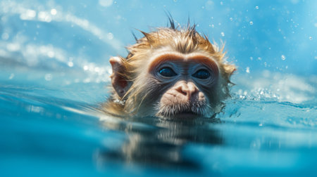a young monkey is captured swimming in a vibrant blue pool, showcasing the artistry of hyperrealistic wildlife portraits. this stunning image, created using vray tracing and macro photography techniques, embodies the essence of mote kei and evokes emotive faces. with its photo-realistic precisionism influence, this captivating photo immerses viewers in the monkey's aquatic adventure. ai generatedの素材