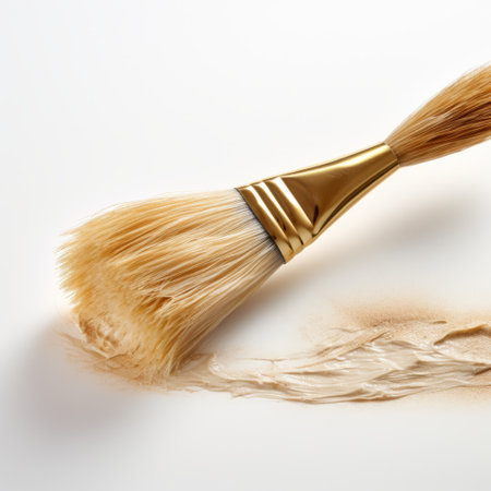 a gold paint brush is captured in a close-up, flat style on a white background. the brush paint appears in the form of dusty piles, adding a touch of playful still-lifes. the image showcases urban decay and abrasive authenticity, with swirling vortexes of beige and amber tones. this photo is available under a creative commons attribution license. ai generatedの素材