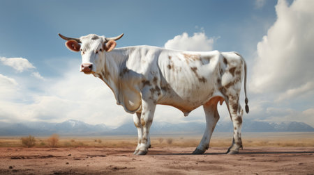 a white cow stands in a post-apocalyptic setting, showcasing the unique style of desertwave. this photo utilizes photo-realistic techniques and bold colorism to create a visually striking image. the solarization effect adds an intriguing touch, while the exaggerated expressions of the cow add depth to the commercial imagery. ai generatedの素材