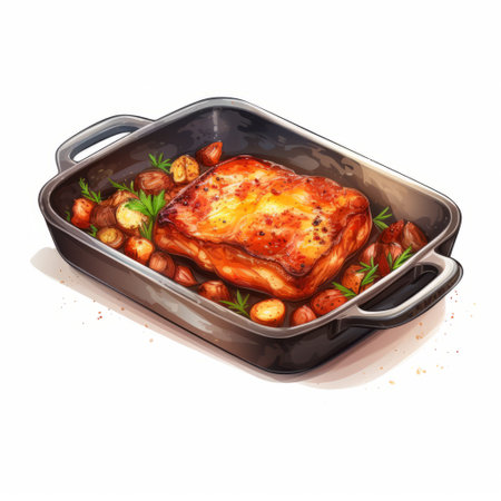 chicken baked thigh and potatoes on a plate, depicted in the style of a realistic portrait painter. this 2d game art showcases detailed shading, rectangular fields, and intricate foliage. the artwork features a shiny appearance and incorporates varied brushwork techniques. ai generatedの素材