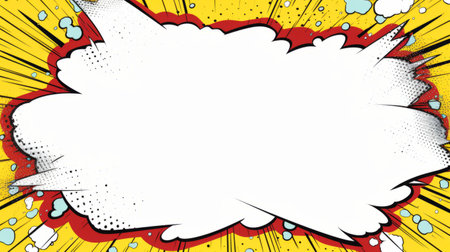 pop art speech bubble on a yellow background featuring a vibrant stage backdrop in the style of light gray and red. this artwork by kim jung gi showcases superheroes and cartoon violence, framed by an artist's frame against a white background. ai generatedの素材