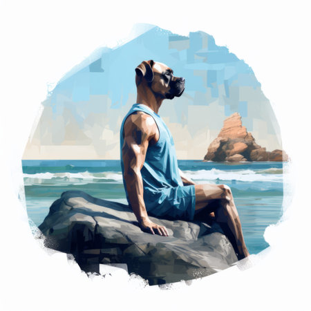 a dog sits on a rock by the ocean in this aggressive digital illustration. the realist figure painting style combines with virtual reality elements, reminiscent of tom of finland's art. the simplistic vector art technique and 8k resolution enhance the vibrant colors and details. gouache adds texture to the overall composition. ai generatedの素材