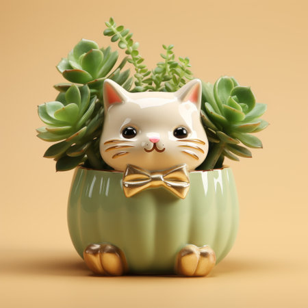 a 3d render of a diy succulent pot featuring a mischievous feline motif. the pot is beige and has a soft focus nostalgia effect. the design includes shiny glossy details and cartoon-like characters. the overall style combines realism with surrealistic elements, showcasing a vibrant color palette of green and gold. ai generatedの素材