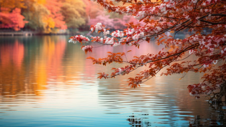 a serene lake surrounded by vibrant dogwood trees in full autumn splendor reflects their colors on the calm water's surface. this tranquil scene captures the beauty of nature during the fall season, with the soft, warm light of golden hour illuminating the reef. ai generatedの素材
