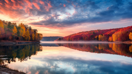 a serene lake nestled in a valley, surrounded by vibrant hickory trees in full autumn splendor. the calm water reflects the colorful foliage, creating a tranquil scene that captures the beauty of nature during the fall season. shot during golden hour, the soft, warm light adds a touch of magic to this picturesque landscape. ai generatedの素材
