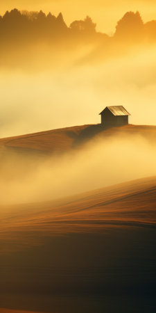 a misty farmhouse backdrop with a solitary tree in the distance, featuring golden hues and a minimalist figuration. this national geographic photo captures the essence of a dreamlike landscape, reminiscent of romanticized views. the image, with its slumped-draped architecture, evokes a sense of tranquility and serenity. ai generatedの素材