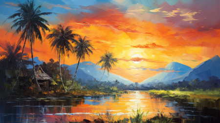 winter landscape of the beautiful philippines featuring rough brush strokes and thick paint applied with a palette knife. this oil painting captures the contrast between the warm foreground and the cold background, creating a stunning masterpiece by cardi b. ai generatedの素材