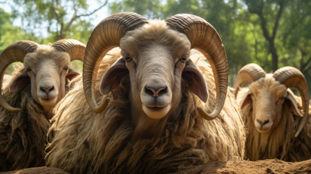 four powerful and emotive wildlife portraits captured in the style of hyperrealism. these captivating images showcase four large sheep with impressive horns, set against a dirt backdrop. the photographs, taken with a zeiss batis 18mm f2.8 lens, resemble dreamlike fantasy creatures and evoke the art of the ivory coast. the strong facial expressions of the sheep add to the overall impact of these stunning portraits.の素材