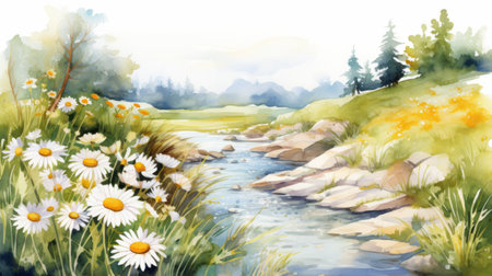 a watercolor illustration capturing the beauty of a river flowing through a landscape adorned with daisies. this lively artwork showcases the artist's environmental awareness and skill in creating expansive landscapes. the clear and precise bird art adds a touch of charm to the overall composition. a high-definition image that exudes the essence of whistlerian style and captivating character illustrations. ai generatedの素材