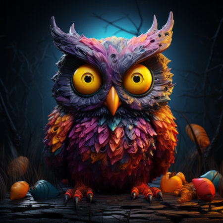 a hyper-realistic owl figurine with yellow eyes is showcased against a striking black background. this artwork, influenced by the style of filip hodas, features vibrant color gradients reminiscent of maurice sendak's work. the figurine also incorporates a touch of grotesque character inspired by patrick dougherty, further enhanced through digital manipulation. ai generatedの素材