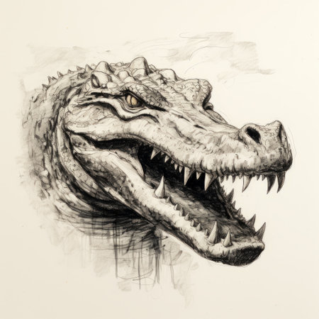 an alligator head, created in the style of detailed character illustrations, showcases finely textured brushwork and naturalistic proportions. this captivating artwork, made without ink, exudes a strong facial expression and is rendered in stunning 8k resolution. with its charming character illustrations and a touch of apocalypse art, this piece is a visual masterpiece. ai generatedの素材