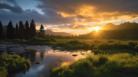 a majestic sunrise illuminates a serene river flowing through a lush forest, creating a breathtaking scene reminiscent of grandiloquent landscapes. this captivating photo captures the essence of cowboy imagery, nature-inspired imagery, and the beauty often found in national geographic photos. with hints of whistlerian and american romanticism influences, it transports viewers to serene pastoral scenes. ai generatedの素材