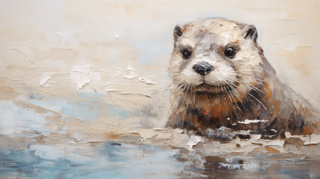 the painting "sea otter" by benjamin a. franks is a stunning example of expressive, textured portraiture. with a color palette of beige and azure, the artist skillfully incorporates focus stacking and brushwork exploration. the artwork measures 3840x2160 and showcases whimsical scapes with smooth brushstrokes. ai generatedの素材