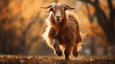 goat running in the autumn forest, capturing the essence of dimitry roulland and patricia piccinini's style. the strong facial expression and intense gaze resemble the work of marcin sobas. this national geographic photo showcases the goat in a golden light, creating a captivating and mesmerizing scene. ai generatedの素材