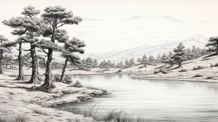a realistic drawing of a winter lake surrounded by trees and mountains. the artwork is done in the style of detailed monochrome landscapes with soft, tonal colors, reminiscent of nostalgic scenes. this uhd image captures the beauty of an australian landscape, evoking a sense of tranquility and serenity. the freehand painting technique adds an artistic touch to the overall composition. ai generatedの素材