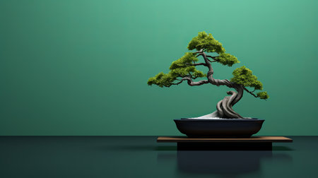 a tree in a bonsai plant pot is showcased against a light green background in this digitally manipulated image. the dark gray and dark azure tones add depth and contrast. with an 8k resolution, the image captures the graceful balance of the bonsai tree and its realistic attention to detail. the overall aesthetic exudes an oriental minimalism with a touch of automatism. ai generatedの素材