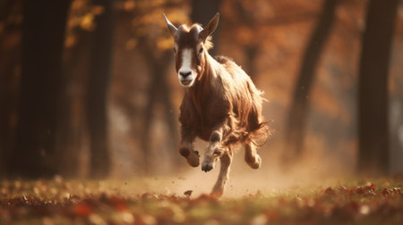 a brown goat gracefully leaps through a park, surrounded by a vibrant carpet of fallen leaves. the photo captures the essence of nature's beauty, with a touch of dreamy ambiance. the use of vray tracing and redshift enhances the visual appeal, while the warmcore tones add a cozy atmosphere. this captivating image combines elements of quantumpunk and jump cuts, creating a unique and mesmerizing composition.の素材
