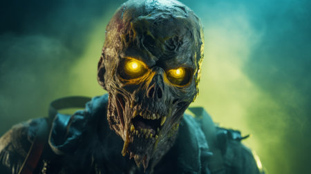 zombie lords, the ultimate zombie video game, showcases lens flares and the captivating tamron 24mm f28 di iii osd m12 lens. with a striking combination of yellow and bronze hues, the close-up shots exude intense energy. the game's design features skull motifs and mesmerizing glowing lights, created by the talented artist aleksi briclot. ai generatedの素材