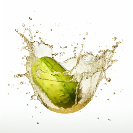 a pineapple splashing in water on a white background, inspired by the artistic style of arnoldo pomodoro. the image features a combination of dark silver and light green tones, creating a visually striking composition. this digitally manipulated image showcases innovative page design and incorporates elements of avocadopunk, li-core, and duckcore aesthetics. ai generatedの素材