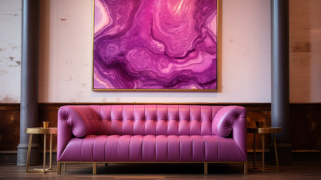 purple velvet sofa and a striking purple painting, resembling striated resin veins, are showcased in this high-definition image. the color palette includes light pink and light crimson, adding to the british topographical vibe. the artwork features gemstone-like patterns, while the sofa's texture is both realistic and naturalistic. the overall composition creates a sense of depth and intrigue. ai generatedの素材