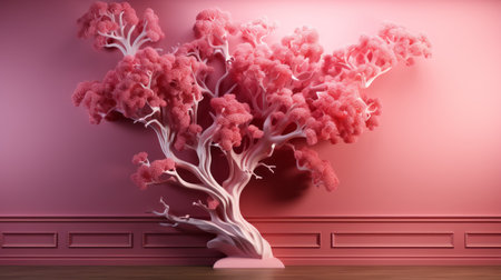 a 3d model of a rose tree is showcased in a pink room, embodying the ethereal biomorphism style. the low contrast enhances the overall effect, reminiscent of the works of chen zhen. digitally enhanced, the wood material adds a touch of minimalistic japanese aesthetics. the dramatic use of color further enhances the visual impact. ai generatedの素材