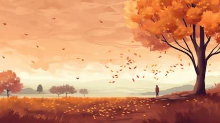 a captivating fall scene captures the essence of concept art, featuring leaves gracefully dancing in the wind. this artwork showcases expansive landscapes with a blend of light orange and brown hues. the detailed character illustrations add depth to the image, while the richly colored skies create a mesmerizing atmosphere. this uhd image beautifully portrays the psychological phenomena of the season. ai generatedの素材