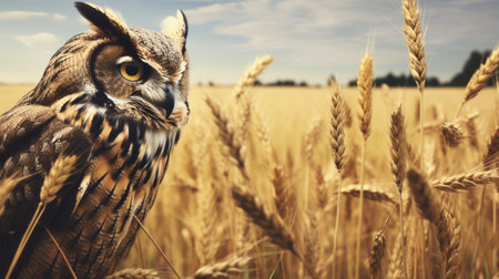 a brown owl perched in a wheat field, captured in a photorealistic urban scene style by stephen shortridge. this uhd image, with a resolution of 3840x2160, showcases the naturalist aesthetic of vibrant illustrations, making it an eye-catching visual. ai generatedの素材