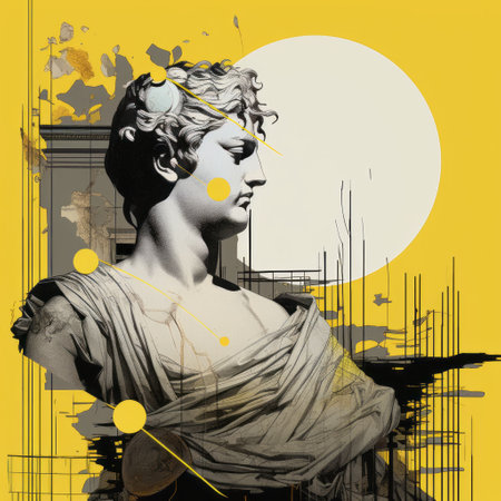 an abstract painting with circles surrounding it, in the style of neo-classical figurative. the artwork features a combination of yellow and gray tones, created through digital illustration techniques. inspired by roman art and architecture, the piece showcases a maquette-like composition. the backlight enhances the exquisite black and white engravings, adding depth and contrast to the overall design. ai generatedの素材