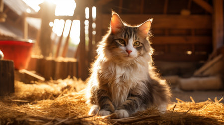 a cat sits on hay in the barn, bathed in the warm golden light. this western-style portrait, captured with a canon eos 5d mark iv, showcases innovative techniques like backlit photography. the result is a dreamy portrait that exudes a sense of tranquility and charm. ai generatedの素材