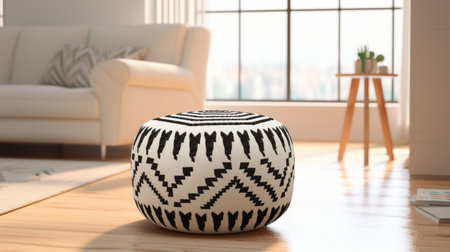 a black and white animal print dipped pouf sits in a living room, showcasing a pre-columbian art-inspired design. this low poly, uhd image features an ethnographic influence, with the pouf made of beads and yarn. the luminous 3d objects and horizontal stripes add a unique touch to the overall aesthetic. ai generatedの素材