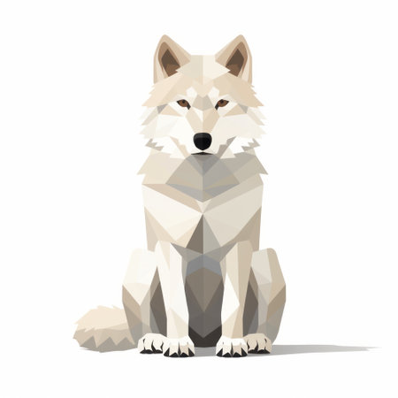white wolf with geometric cubism style - this photo showcases a stunning white wolf adorned with white dots, sitting in an isolated white space. the artistic style of geometric cubism is evident, with light white and dark beige hues creating a realistic color scheme. the full body of the wolf is depicted, highlighting the stark contrast between light and shadow. the wolf appears to beの素材