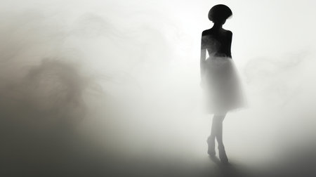 a black figure stands in a fog, exuding whimsical femininity. the light white and gray tones create an ethereal atmosphere, while inky shadows add depth. the image showcases unpretentious elegance, with a modern and contemporary fashion design. the soft-edged cyclorama enhances the overall aesthetic. ai generatedの素材